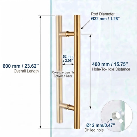 24 Inch Solid Standoffs Built Tough Commercial Grade 304 Stainless Steel Push Pull Door Handle Satin Gold Finish For Barn Doors Glass Pulls Easy Mounting And Long Lasting Performance For Pro Installations, 600mm