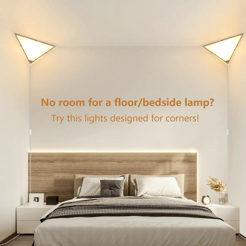Bedroom with Plug In Corner Light 2 Pack With Switch, Modern Triangle Wall Light Fixture With Acrylic White Shade glowing softly.