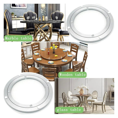 Heavy Duty Aluminum Turntable Base Bearing With 360 Degree Rotating Ball For Kitchen And Dining Tables shown on marble, wooden, and glass tables