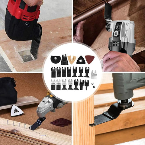 26 Piece Oscillating Saw Blades Set For Multitool High Carbon Steel Blades in use on wood and metal projects