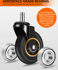 Top Shelf 3 Inch Roller Blade Office Chair Wheels Set Of 5 Straight Up Heavy Duty Caster Replacements For Gaming Desk Chairs showing aerospace-grade ABEC-7 bearing and black roller.