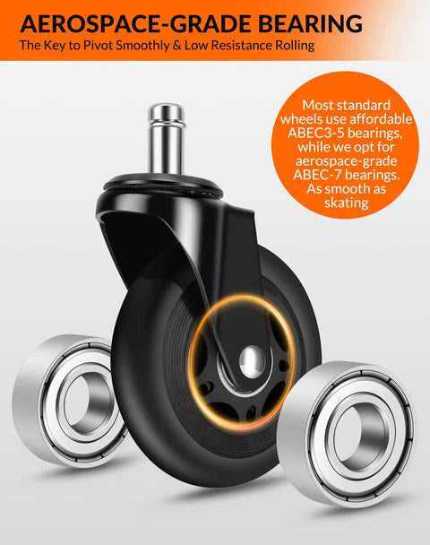 Top Shelf 3 Inch Roller Blade Office Chair Wheels Set Of 5 Straight Up Heavy Duty Caster Replacements For Gaming Desk Chairs showing aerospace-grade ABEC-7 bearing and black roller.