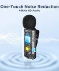Wireless Lavalier Microphone For iPhone 15 16 17 And USB Type C With 4 Channel Recording shown with noise reduction feature.