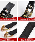 Two Pack Beefy Heavy Duty 1 Inch By 20 Foot Ratchet Tie Down Straps With Double J Hooks 2200 Pound Break Strength features