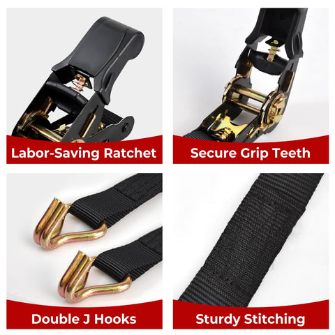 Two Pack Beefy Heavy Duty 1 Inch By 20 Foot Ratchet Tie Down Straps With Double J Hooks 2200 Pound Break Strength features