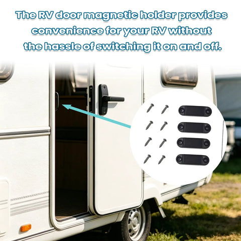Heavy Duty Magnetic Door Catch And Holder Kit For RVs And Campers, 2 pairs shown on open camper door with mounting screws.