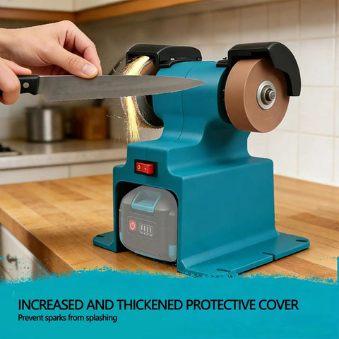 Fafeicy 200W Cordless Mini Bench Grinder Polisher in action, grinding a knife, showing sparks and protective cover on wooden work surface.
