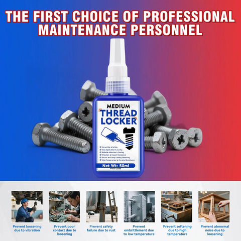 Medium strength threadlocker with nuts, bolts, and fasteners for secure, corrosion-resistant fastening.