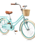Girls 20 Inch Bike With Basket And Kickstand For Ages 5 To 12 With Adjustable Seat And Suspension Fork Plus Dual Disc Brakes And Steel Frame In Green For Everyday Ride That Feels Totally Ready, teal frame and brown seat, side view
