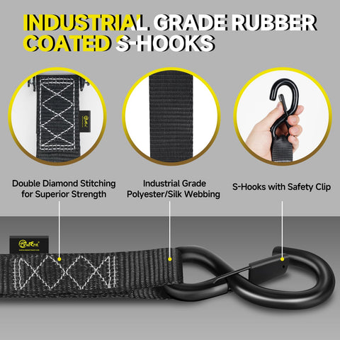 4 Piece Ratchet Strap Tie Down Kit With Beefy Padded Handles Coated S Hooks And Safety Clips detail showing S-hook and stitching