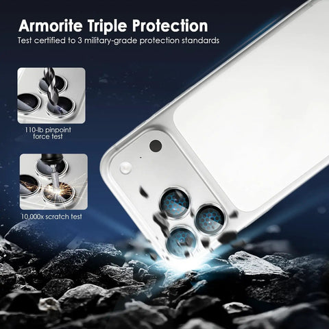 Camera Lens Protector For iPhone 17 Pro And 17 Pro Max 9H Tempered Glass Camera Cover With Silver Metal Ring shown on rocky surface