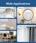 Wide applications of Premium Zinc Self Drilling Drywall Anchors And Screws Kit With 116 Pieces, showing shelves, mirrors, lights, curtains.