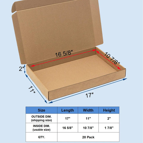 Heavy Duty 17x11x2 Shipping Boxes 20 Pack Brown Corrugated Cardboard Mailers Kraft Packing dimensions shown open