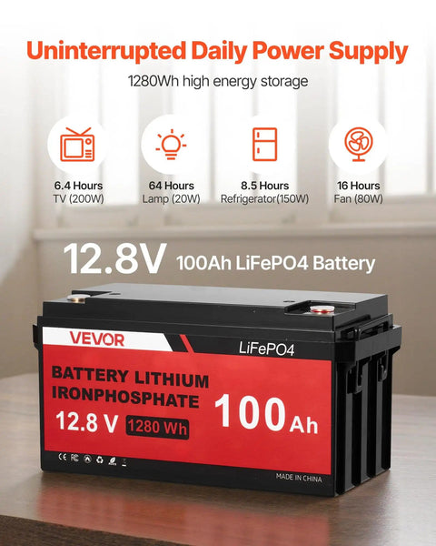 12.8V 100Ah LiFePO4 battery for 12V 600W Solar Wind Power Kit with uninterrupted power supply graphics.