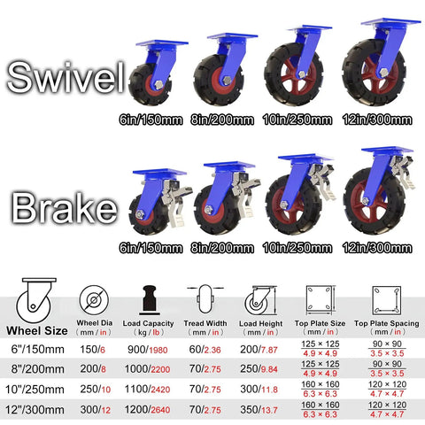 Heavy Duty Caster Set Of Four With Locking Brakes And Professional Rubber Swivel Wheels, various wheel sizes with specs.