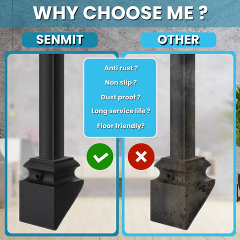 Comparison of satin black and rusted baluster shoes, showing benefits of Slanted Baluster Shoes With Screws For Half Inch Square Balusters.