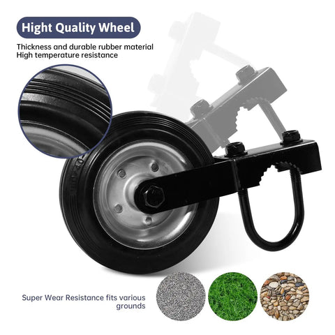 Gate Support Wheel For Metal Swing Gate Adjustable 1-5/8 Inch To 2-1/8 Inch Frames Keeps Gate From Dragging On The Ground Fits Chain Link Fences Black 1 Pack Now, close up view showing durable rubber material and resistance to various ground surfaces.