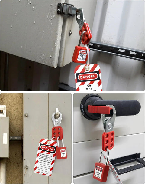 Lockout Tagout Kit With Hasps, Red Loto Locks, And Two Padlocks With Keys For Electrical Lockout Safety installed on equipment
