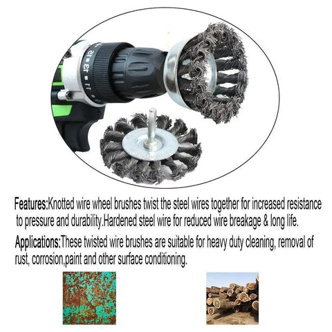 Three Piece Knotted Wire Wheel Brush Set For Drill With One Quarter Inch Shank Three Inch Twist Wire Wheels For Rust Removal Paint Stripping Corrosion Cleanup And Deburring On Power Grinders, attached to drill