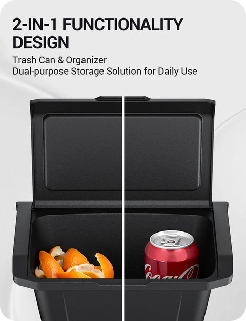 Tesla Model Y Juniper Rear Center Console Organizer with TPE Dustproof Trash Can showing dual-purpose storage with lid open.