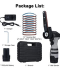 Heavy Duty Mini Belt Sander And Angle Grinder Tool Featuring Variable Speed Motor, Charger, and sand belts in storage case.