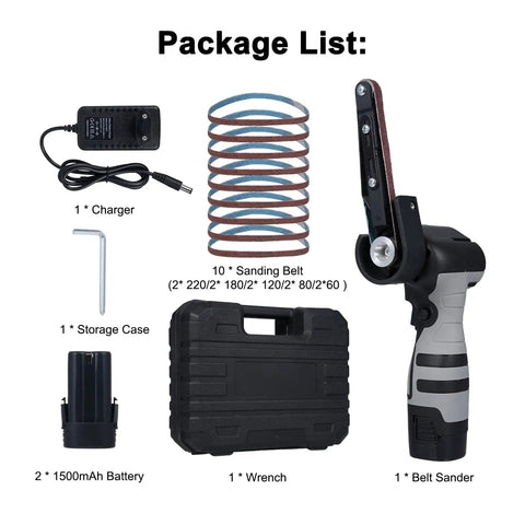 Heavy Duty Mini Belt Sander And Angle Grinder Tool Featuring Variable Speed Motor, Charger, and sand belts in storage case.