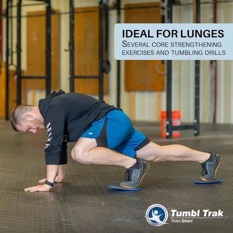 Man using Blue Carpet Sliders Small Pair With Comfortable Top For A Smooth Glide On Carpet Floors 9 Inch Training Sliders in gym.
