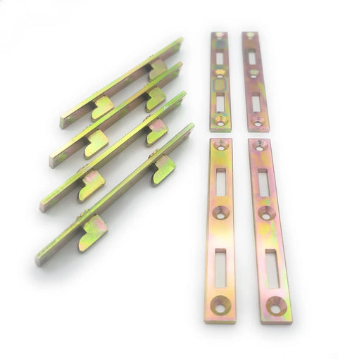 Premium Heavy Duty Steel Bed Rail Fasteners Set Of Four Mortise Bed Frame Brackets With Quick Release Hardware showing zinc coated steel brackets.
