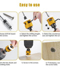 Images showing use steps for 15 Piece Countersink Drill Bit Set Featuring Adjustable Depth Stop Collar And Rock Solid Hex Shafts.