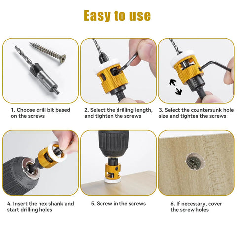 Images showing use steps for 15 Piece Countersink Drill Bit Set Featuring Adjustable Depth Stop Collar And Rock Solid Hex Shafts.