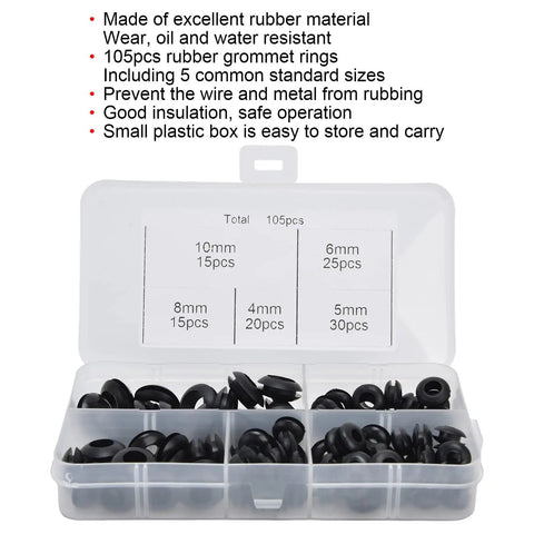 105 Piece Rubber Grommet Set For Wiring, Plumbing, And Cables, Guards Wires From Friction, Built Tough Rubber Construction, Five-Size Variety For Easy Replacement And DIY Projects, 105pcs in plastic box
