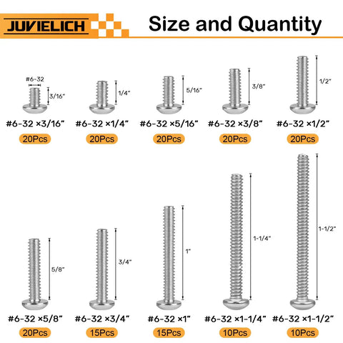 304 Stainless Steel Size 6-32 UNC Phillips Pan Head Machine Screws Assortment Kit, 10 sizes from 3/16 inch to 1-1/2 inch shown.
