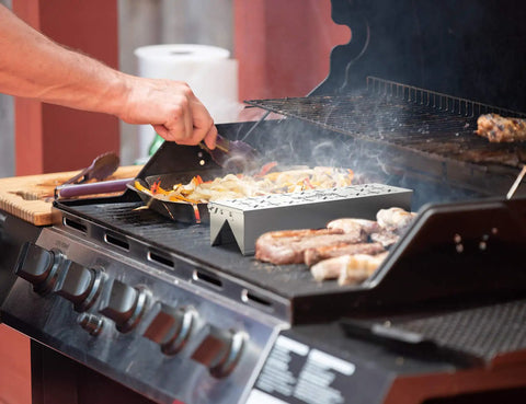 Stainless Steel Smoker Box For Gas Grilling With Double V-Shape Design And Hinged Lid, enhancing smoke flavor on grill.