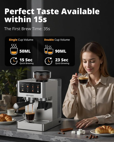 Woman using Espresso Machine With Burr Grinder And 20 Bar Pressure, Milk Frother Steam Wand, Stainless Steel Home Coffee Maker