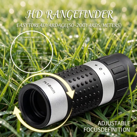 HD rangefinder from Ultimate Golf Gift Set for Men and Women with close-up on lens and focus details on grass background.