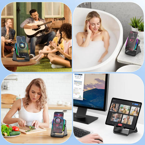 Induction Wireless Speaker With Phone Stand Five In One Bluetooth Speaker on desk, kitchen counter, bathtub, outdoor setting, product showcase.