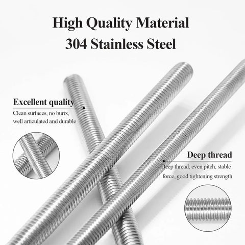 Heavy Duty M6 Stainless Steel Fully Threaded Rods 20 to 300mm Kit for Anchor Bolts Hangers and Adjustable Fastener Bar Studs Corrosion Resistant 304 Grade Steel Built to Last for Tough Jobs showing high quality material and deep thread design.