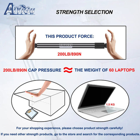 Image illustrating the strength and capacity of the 23 Inch Gas Strut Lift Support 200 Lb Per Shock Heavy Duty Lift for Lids and Hatches in RVs Murphy Beds Cellars and Floor Access Doors Includes Brackets and Mounting Hardware, showing a gas strut and equivalent weight of laptops.