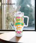 40 oz sublimation tumbler with handle on table, Aloha Hawaiian Luau design, part of 8 Pack 40 Oz Sublimation Tumblers With Handle