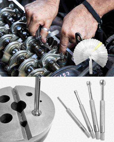 Four-piece ball-type telescoping hole gauge set with 32 steel feeler gauges for measuring gaps 1/8 to 1/2 inch.