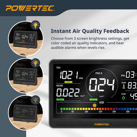 Badass 7 Inch Rechargeable Air Quality Monitor For Woodshops And Garages Monitoring Co2 Pm25 Pm10 Hcho Tvoc With Sharp Color Lcd Screen And Loud Safety Alerts displaying real-time air quality metrics.