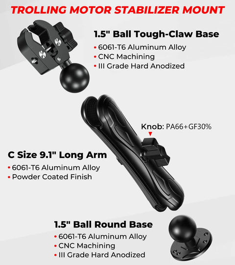 Rock Solid 1.5 Inch Ball Trolling Motor Stabilizer Mount Support CNC Machined 6061 T6 Aluminum Alloy Tough-Claw Base and Arm