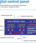 Digital control panel of 10L Professional Ultrasonic Cleaner With Tank Cleans Watches Jewelry Tools And Instruments Using Powerful 40Khz Frequency Plus Digital Timer And Heater Function For Deep Industrial Cleaning At Home Or Work.