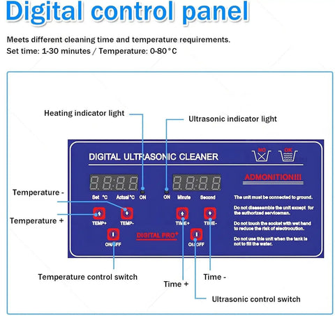 Digital control panel of 10L Professional Ultrasonic Cleaner With Tank Cleans Watches Jewelry Tools And Instruments Using Powerful 40Khz Frequency Plus Digital Timer And Heater Function For Deep Industrial Cleaning At Home Or Work.