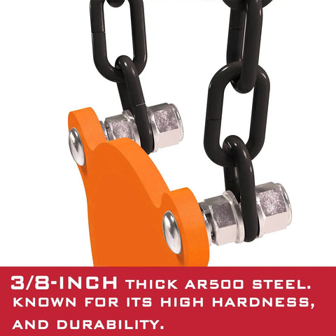 Close-up of 3/8 inch thick AR500 Steel Gong Target Set With Chains 3/8 Inch Thick 4, 6, and 8 Inch Neon Orange Targets detail.