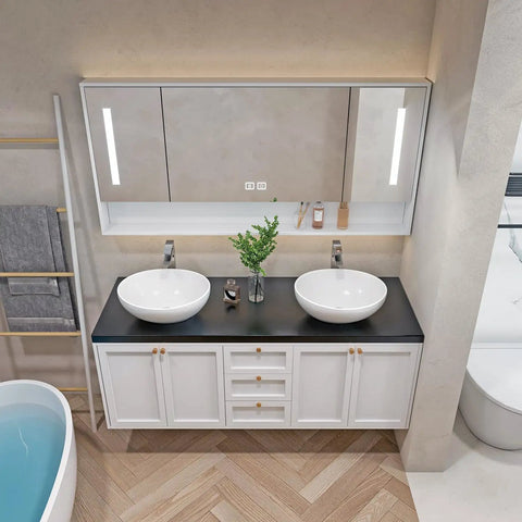 Modern bathroom with dual White Rectangular Ceramic Countertop Vessel Sinks 24 By 14 By 4.33 Inches on black vanity.
