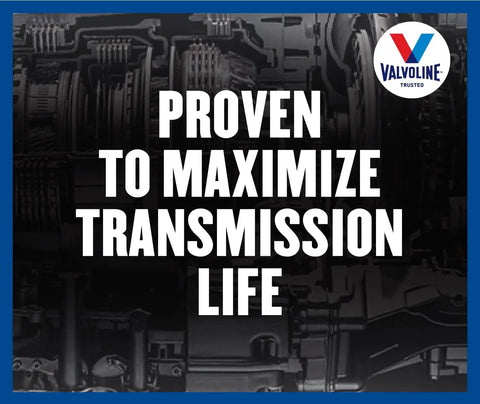 Valvoline transmission components background with text 'Proven to Maximize Transmission Life', showcasing performance focus.