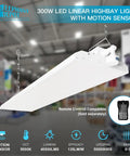300W LED Linear High Bay Shop Light Offering 300W Output And Slick Dimmable Controls with motion sensor, ideal for workshops.