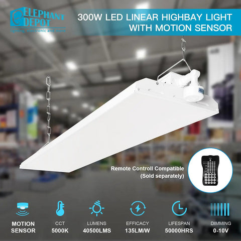 300W LED Linear High Bay Shop Light Offering 300W Output And Slick Dimmable Controls with motion sensor, ideal for workshops.