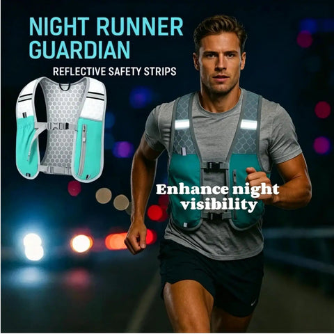 Man wearing Lightweight Unisex Running Vest With Phone Pocket And Hydration Pack Adjustable Breathable Trail Gear at night